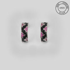 925 Sterling Silver Black Enamel C Shaped Hoops