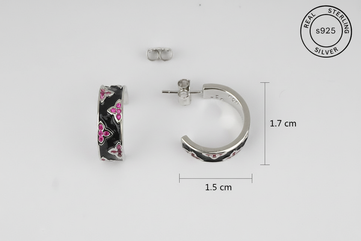 925 Sterling Silver Black Enamel C Shaped Hoops