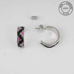 925 Sterling Silver Black Enamel C Shaped Hoops