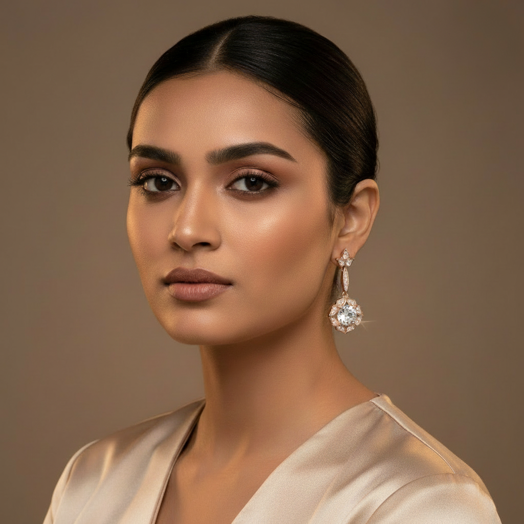 Woman wearing 925 Sterling Rosegold Vintage Drop Dangles