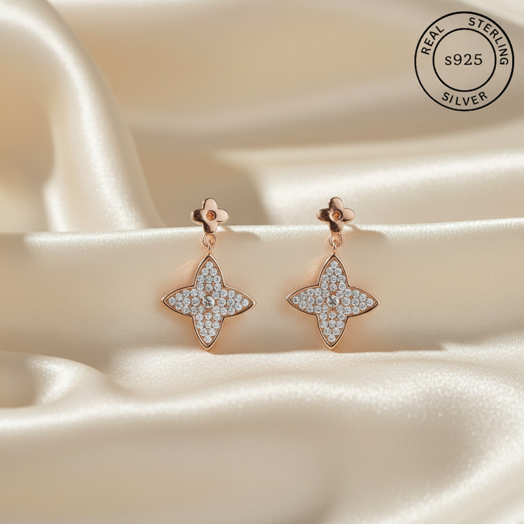 Rose gold earrings with diamond-like stones featuring 'Real Sterling Silver' stamp.