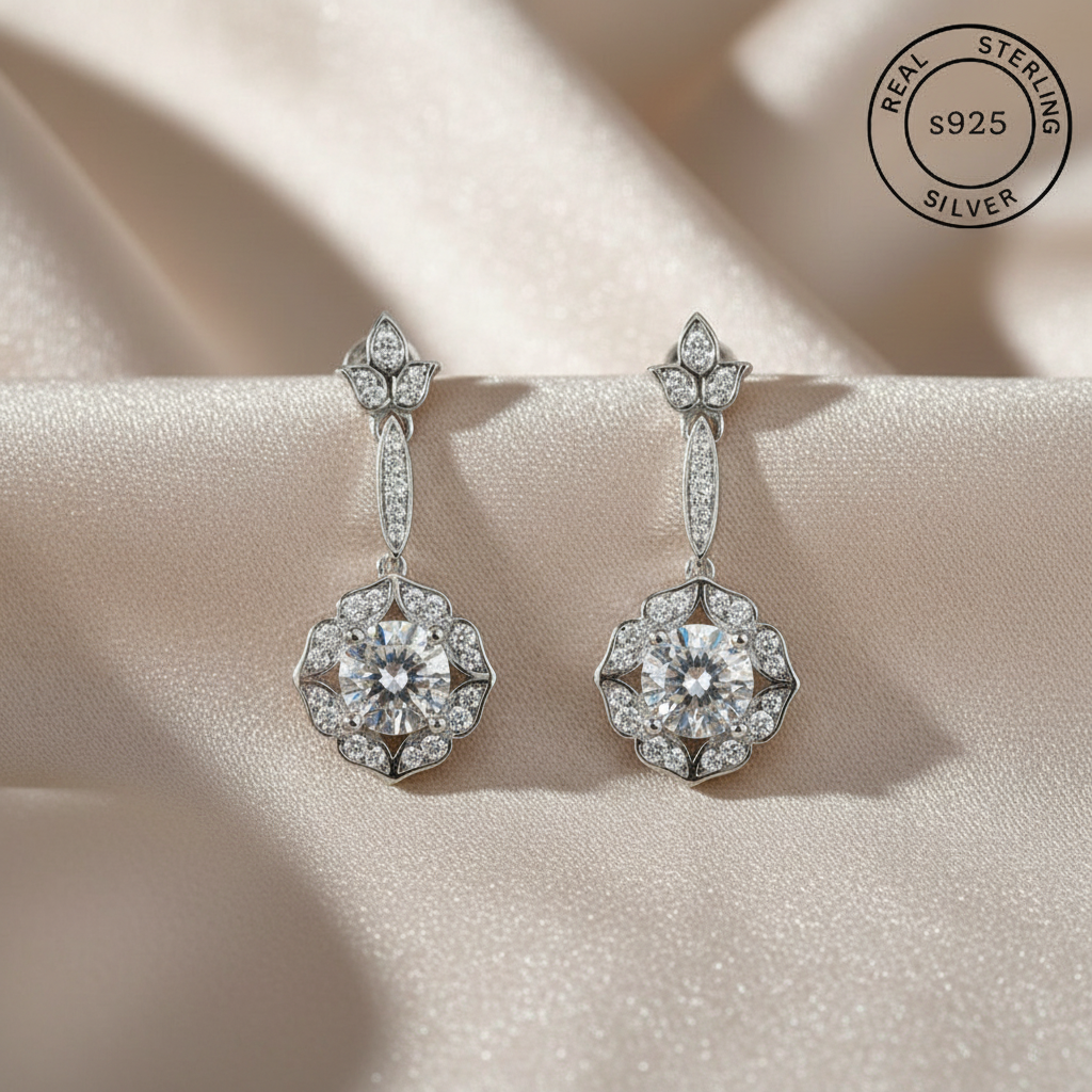 Pair of silver earrings with AAA+ cubic zircons featuring 'Real Sterling Silver' stamp.