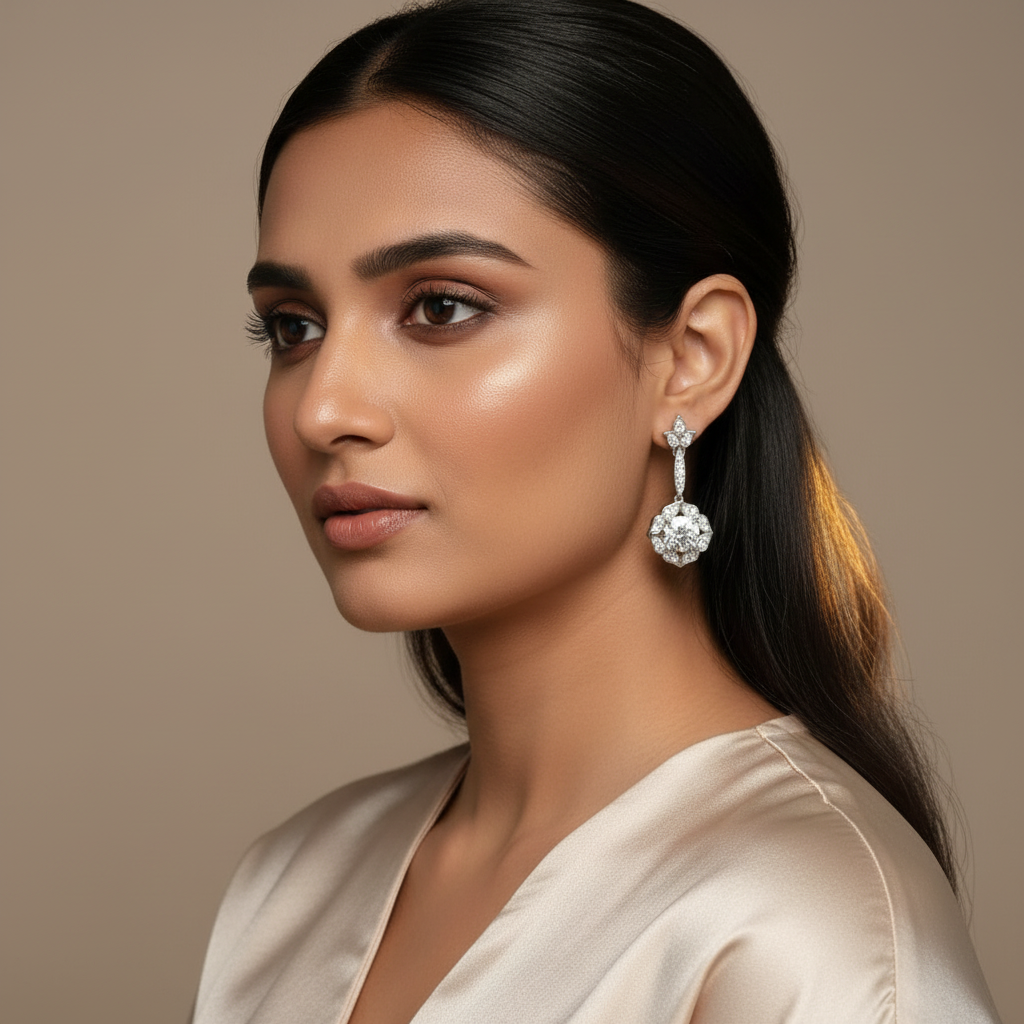 Woman wearing elegant 925 Sterling Silver Vintage Drop Dangles
