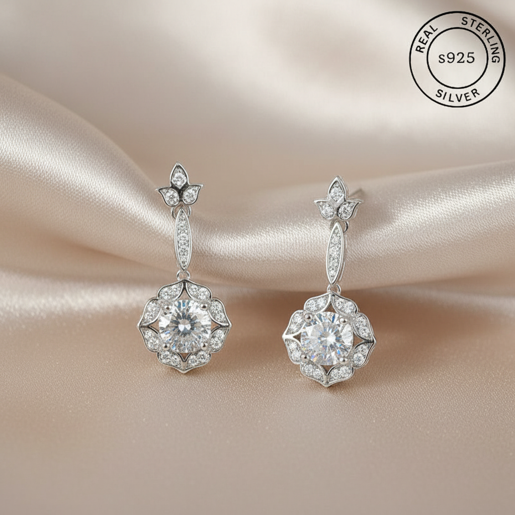 Silver earrings with floral design, featuring 'Real Sterling Silver' stamp.