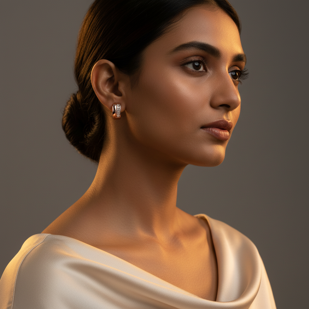 Woman wearing 925 Sterling Silver Huggie Hoop Earrings