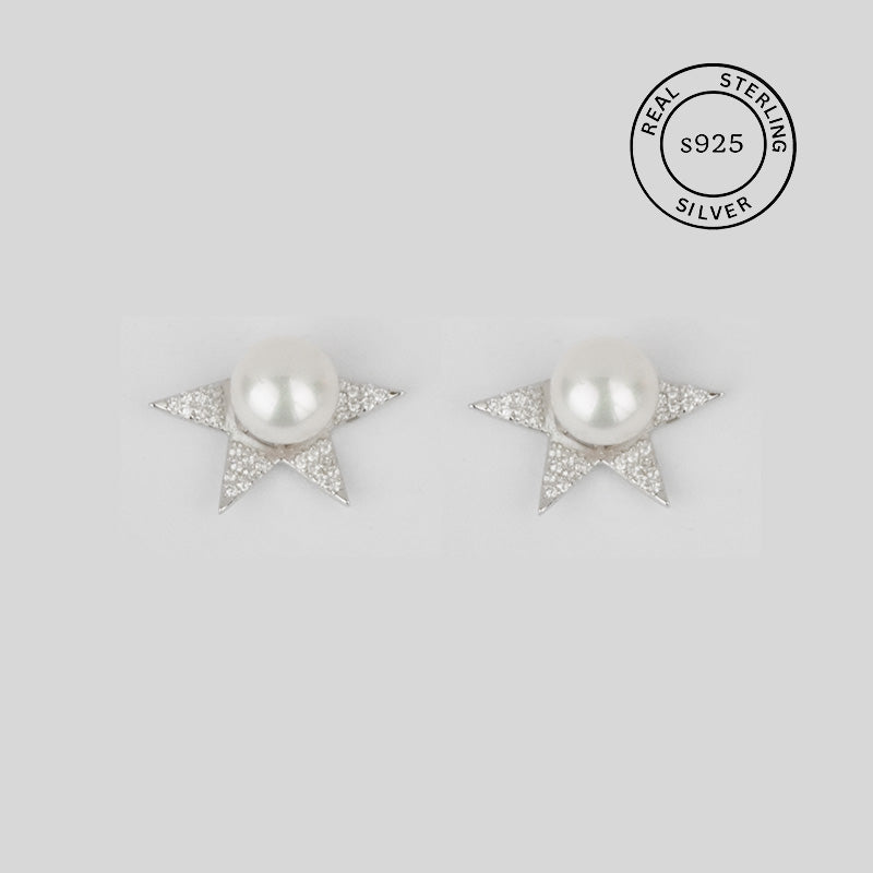 925 Sterling Silver Celestial Pearl Star Studs