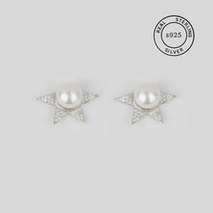 925 Sterling Silver Celestial Pearl Star Studs