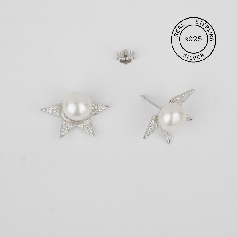 925 Sterling Silver Celestial Pearl Star Studs