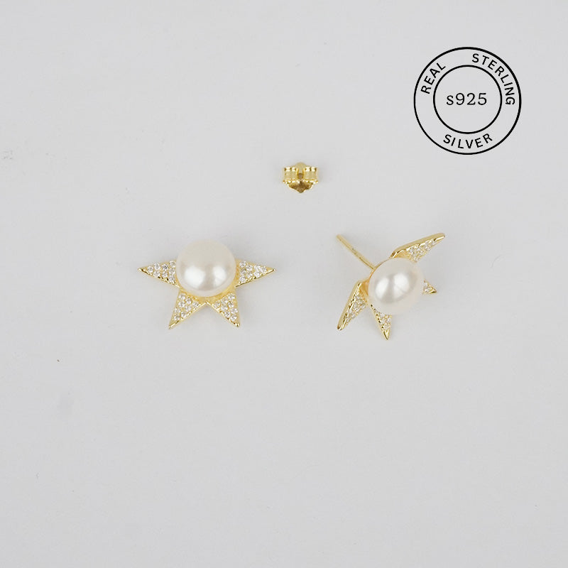925 Sterling Silver Gold Celestial Pearl Star Studs
