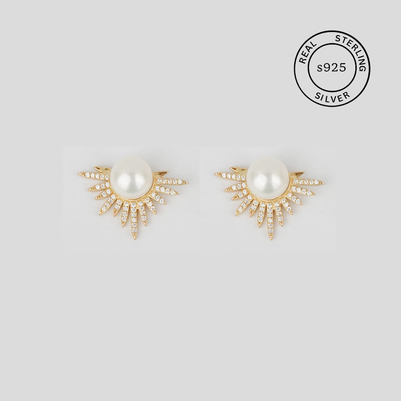 925 Sterling Silver Gold Sunlit Grace Pearl Studs