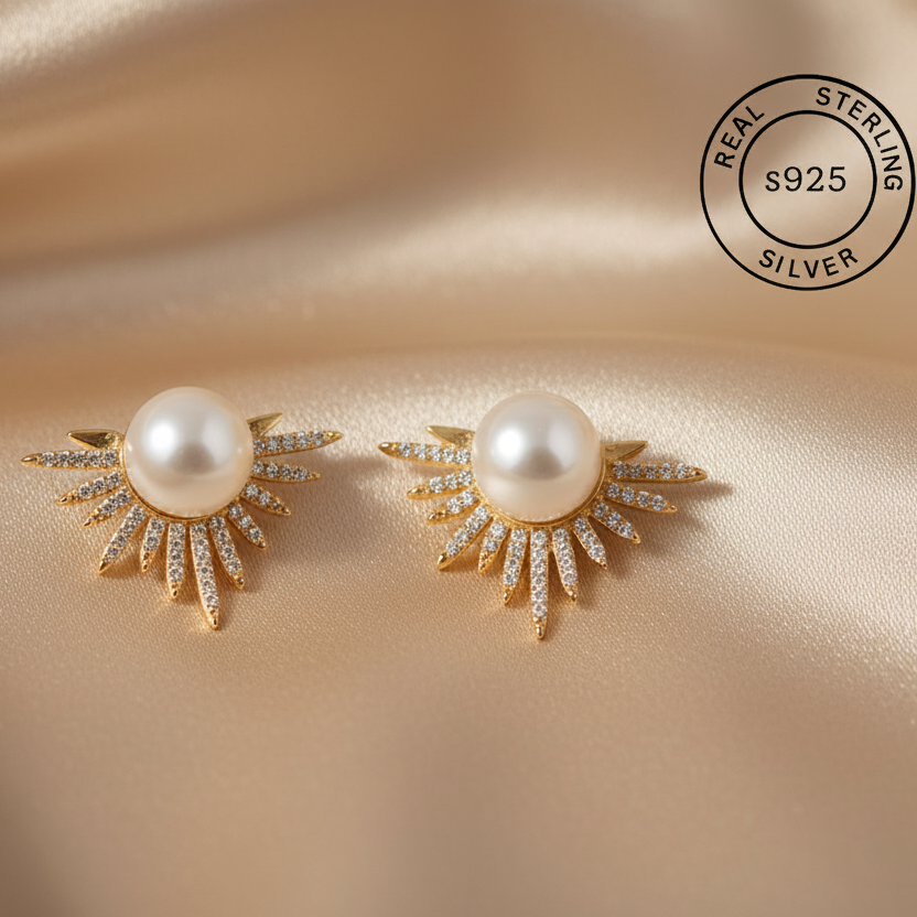 925 Sterling Silver Gold Sunlit Grace Pearl Studs
