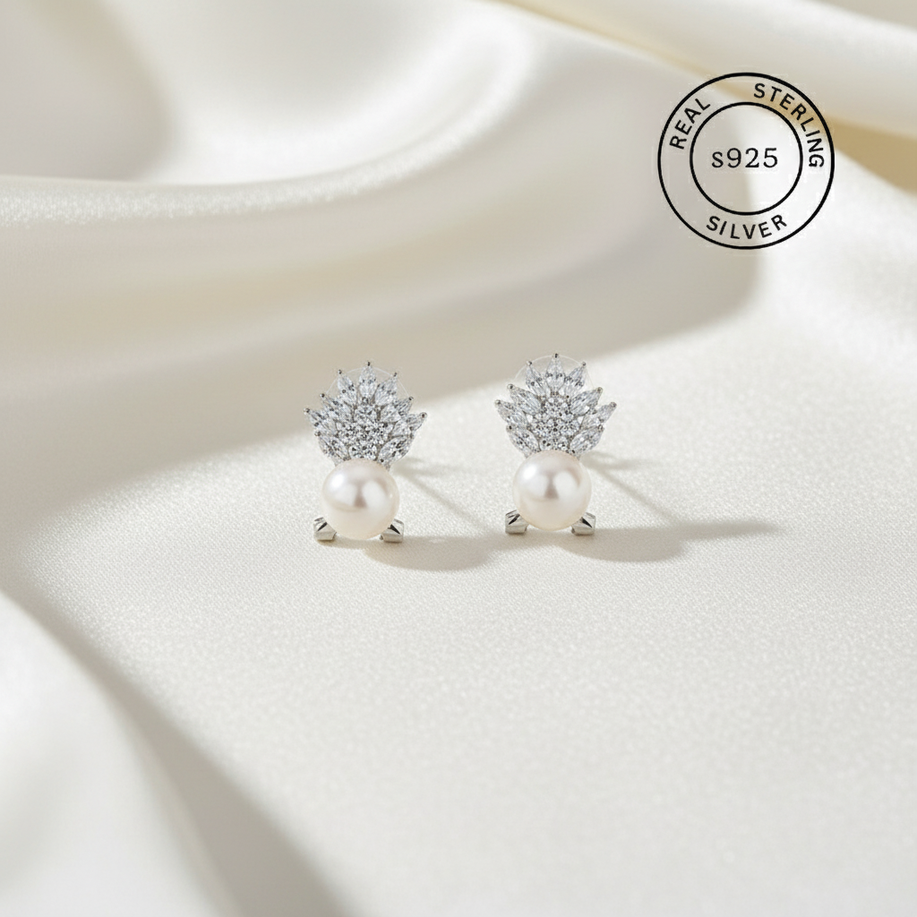 925 Sterling Silver Crown Pearl Studs