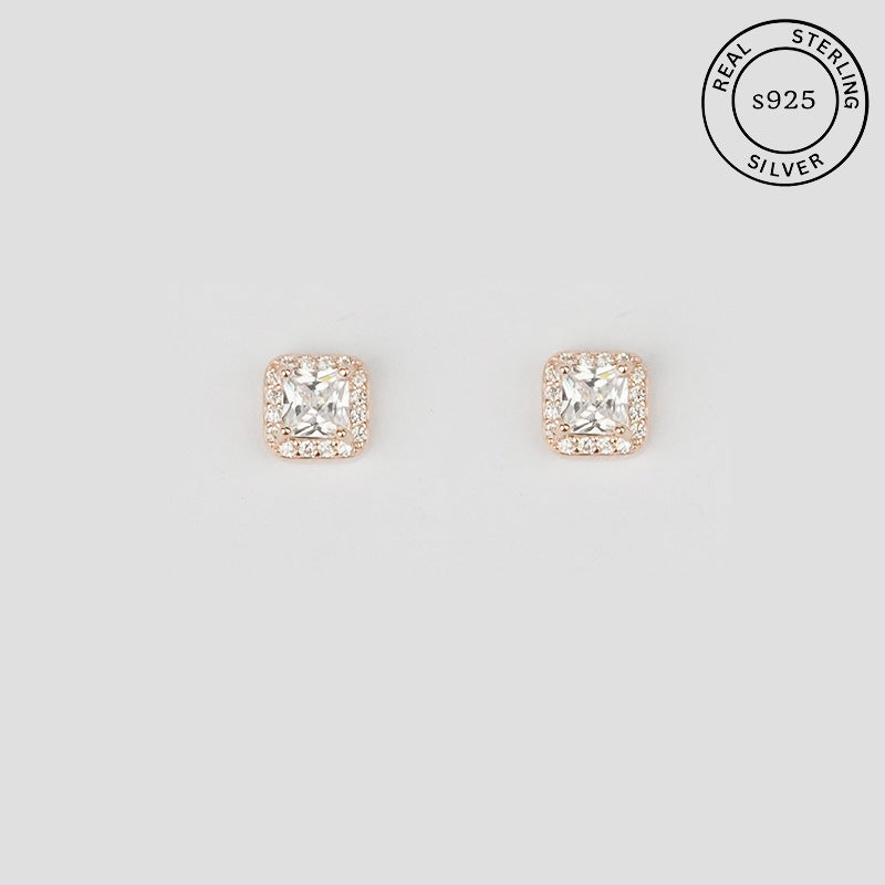 925 Sterling Silver Rosegold Princess Cut Studs