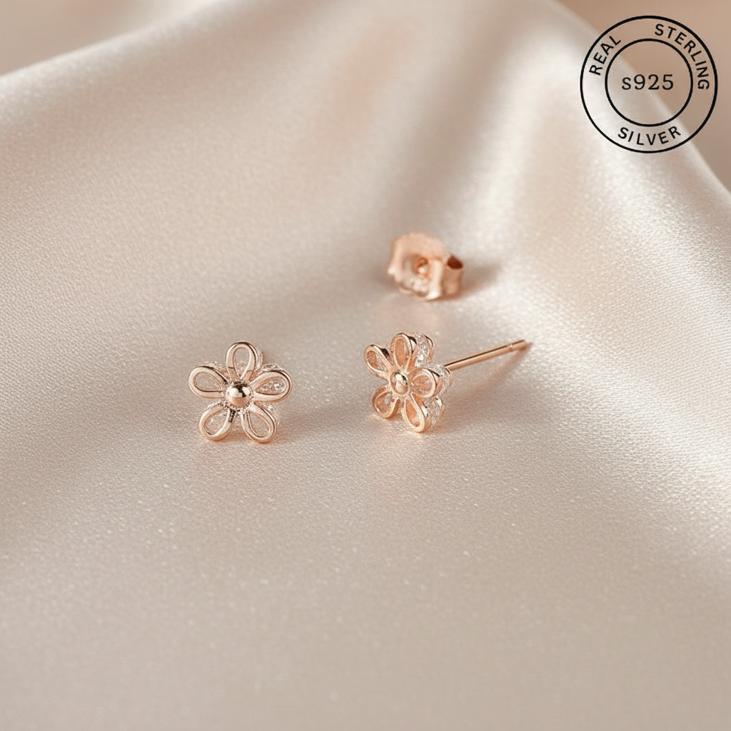 925 Sterling Silver Rosegold Delicate Floral Studs