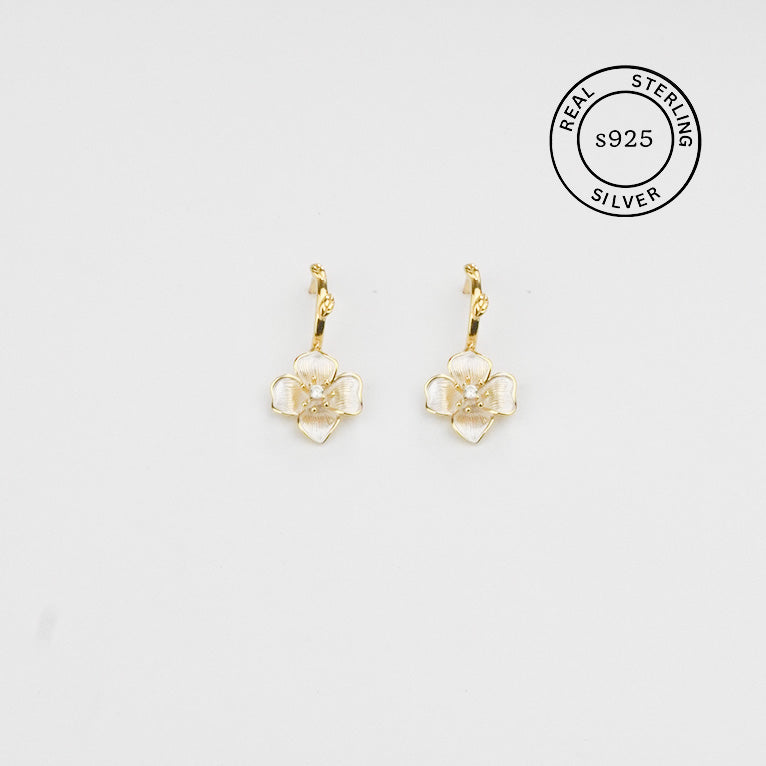 925 Sterling Silver Floral Hoop Dangles (Gold)