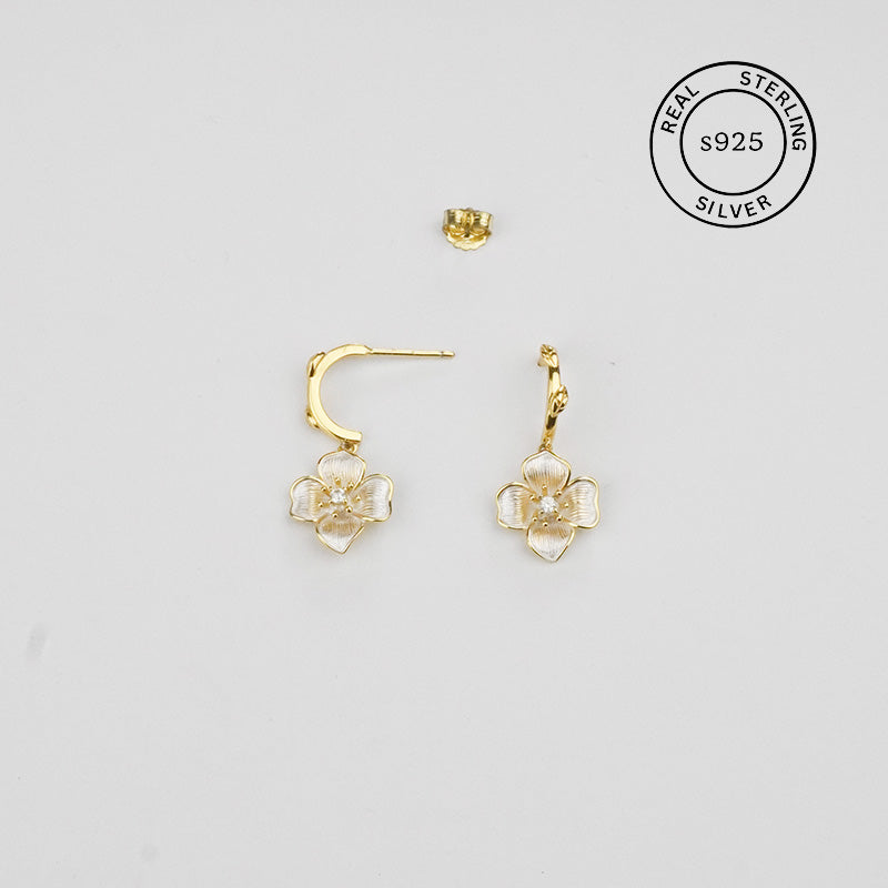925 Sterling Silver Floral Hoop Dangles (Gold)