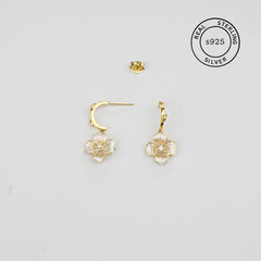 925 Sterling Silver Floral Hoop Dangles (Gold)
