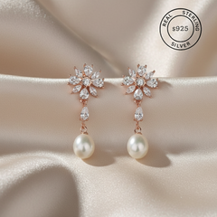 925 Sterling Silver Bloom Pearl Drop Earrings (Rosegold)