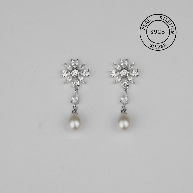 925 Sterling Silver Bloom Pearl Drop Earrings (Silver)