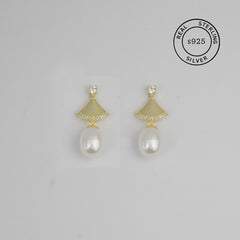 Silver Triangular Pearl Drop Dangles (Gold)