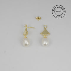 Silver Triangular Pearl Drop Dangles (Gold)