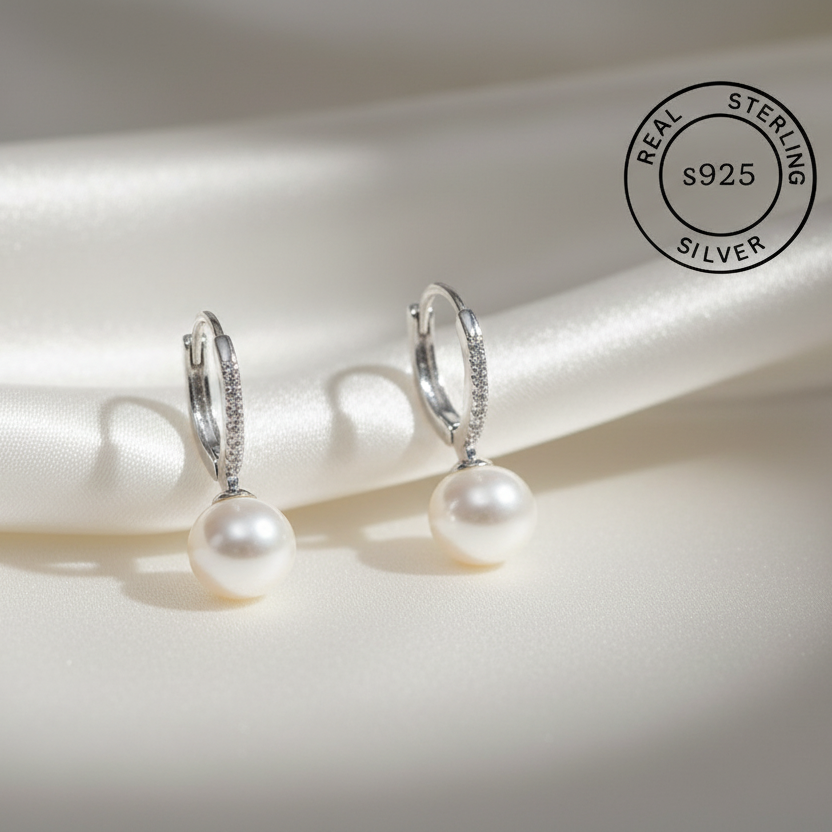925 Sterling Silver Pearl Hoop Earrings (Silver)