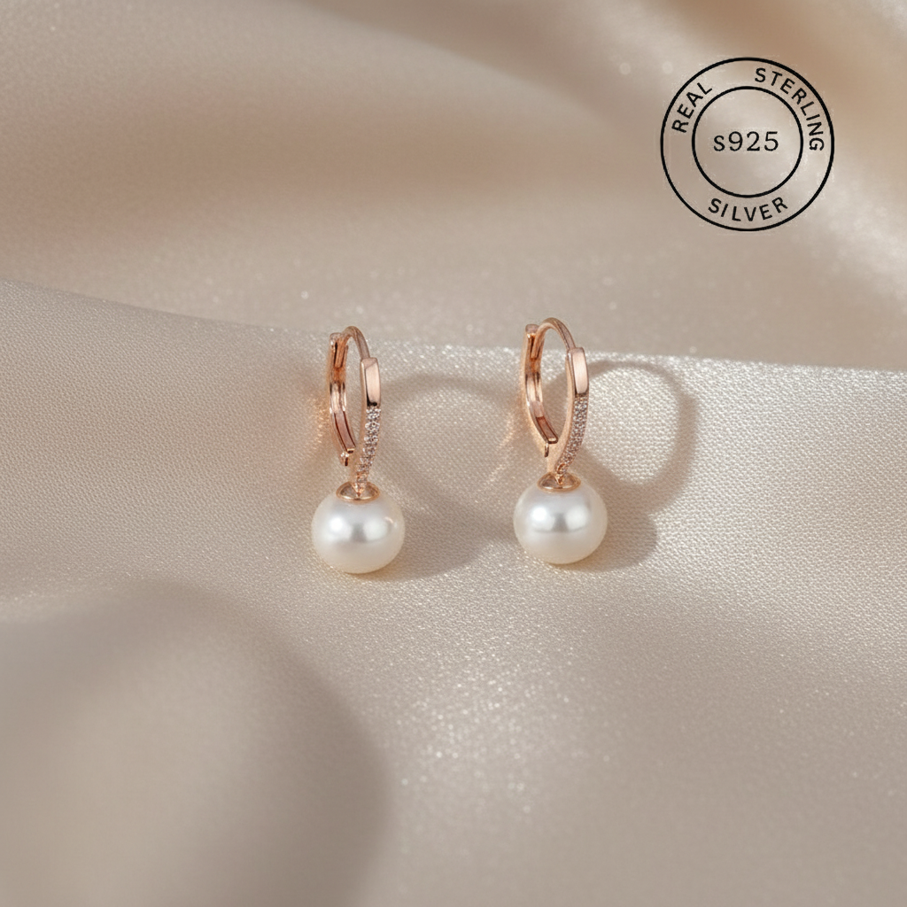 925 Sterling Silver Pearl Hoop Earrings (Rosegold)