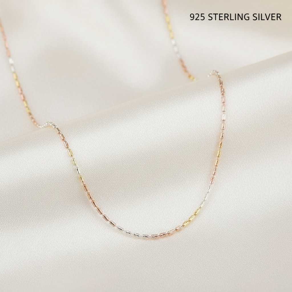 925 Sterling Silver Tricolor Beaded Chain