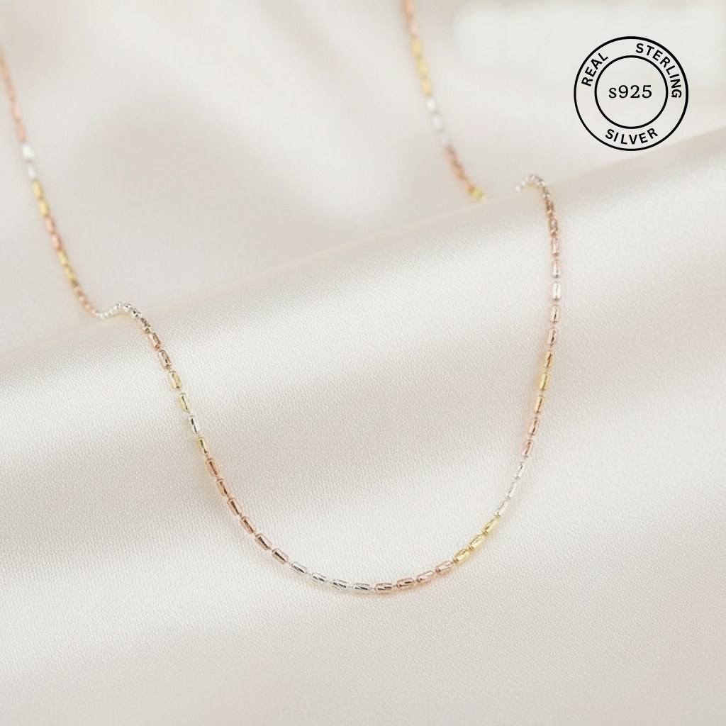 925 Sterling Silver Tricolor Beaded Chain