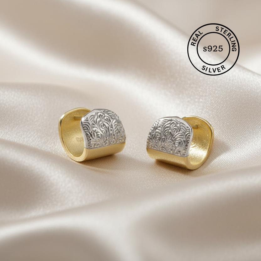 925 Sterling Silver Textured Dual Tone Hoop Earrings