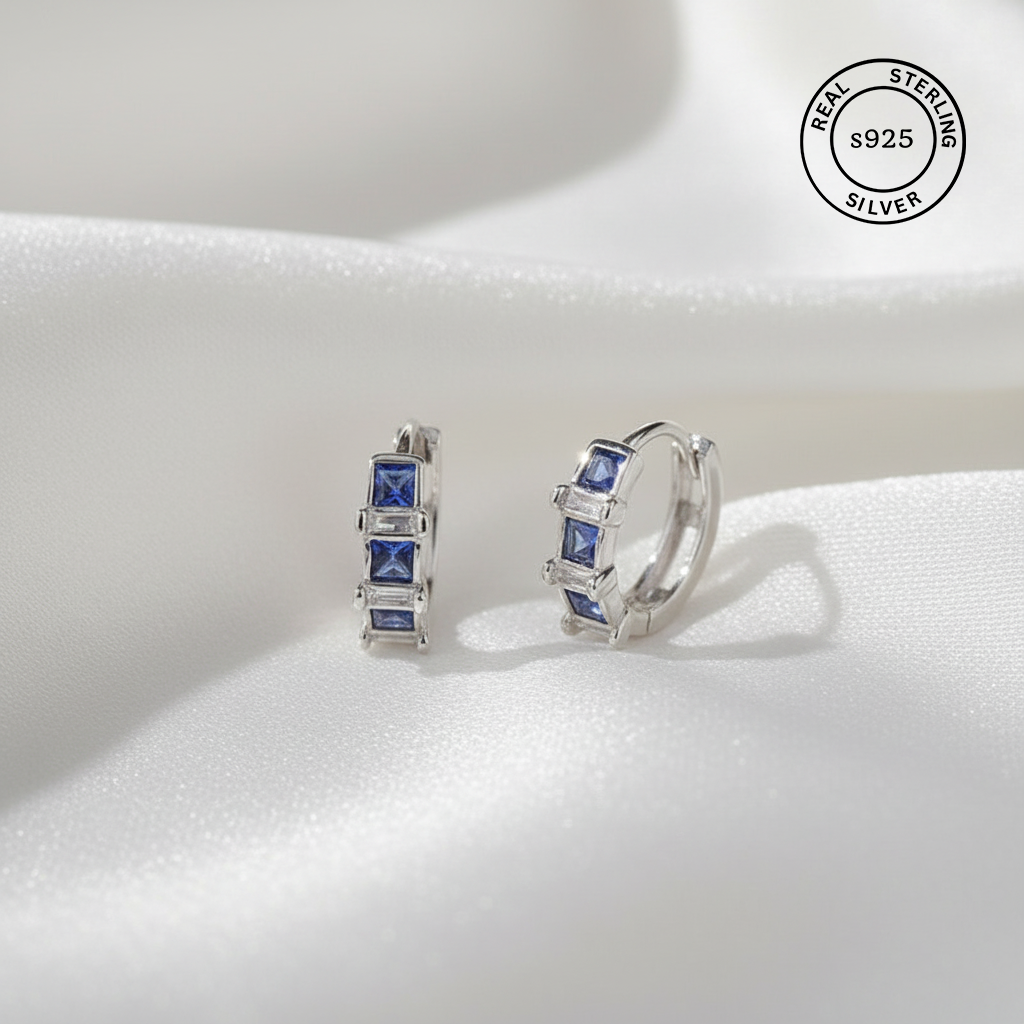 925 Sterling Silver Blue Stone Huggie Hoop Earrings