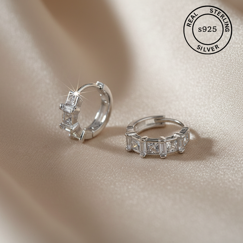 925 Sterling Silver Princess Cut Hoop Earrings