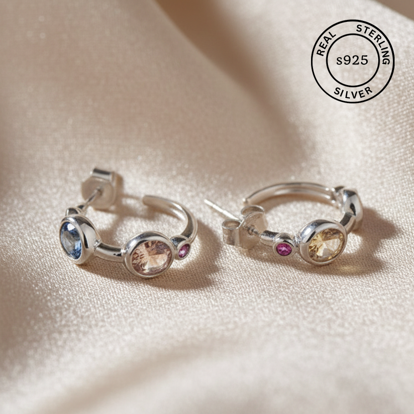 925 Sterling Silver Multi Stone Hoop Earrings