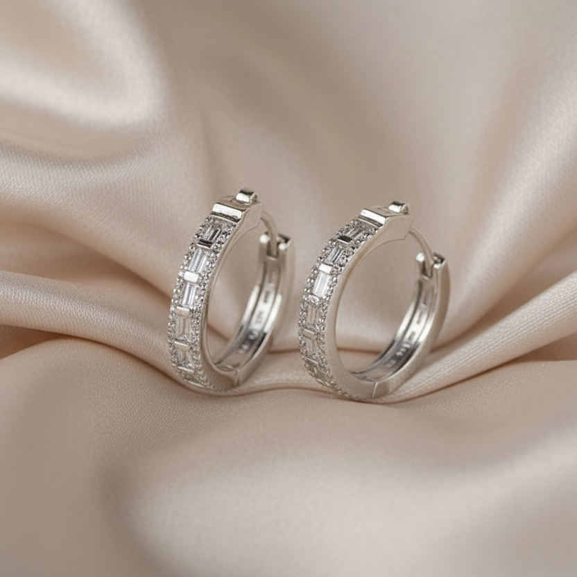 925 Sterling Silver Crystal Link Hoop Earrings