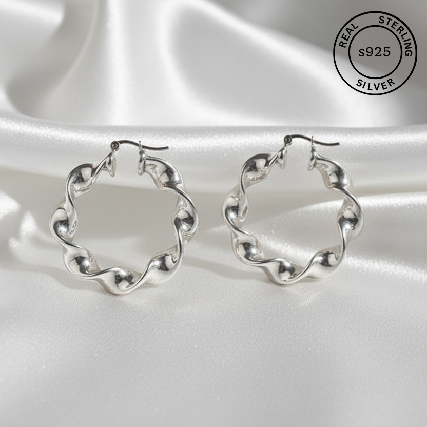 925 Sterling Silver Fluid Twist Hoop Earrings