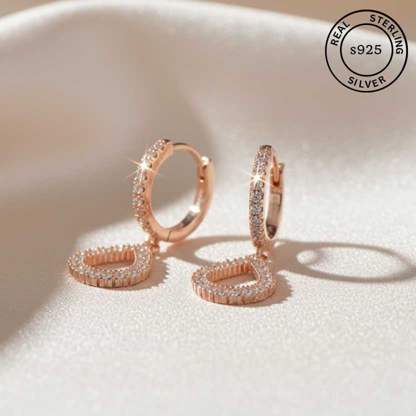 925 Sterling Silver Rosegold Halo Drop Hoop Earrings