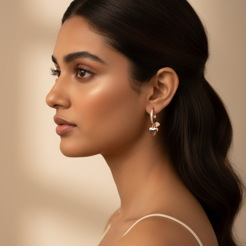 Woman wearing 925 Sterling Silver Rosegold Heart Drop Hoops