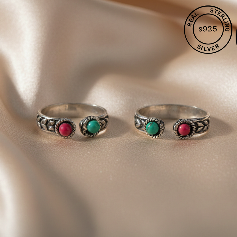 925 Sterling Silver Dual Stone Vintage Toe Ring