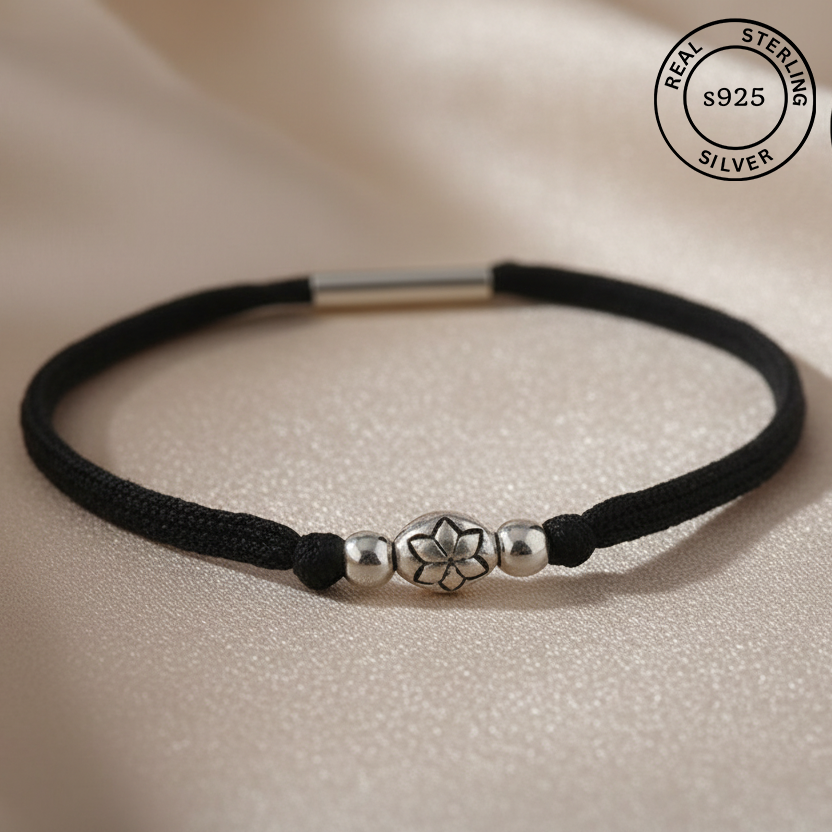 925 Sterling Silver Lotus Charm Black Thread Anklet