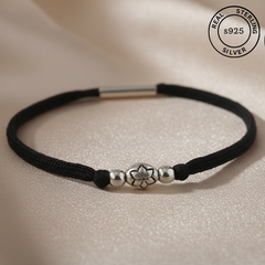 925 Sterling Silver Lotus Charm Black Thread Anklet