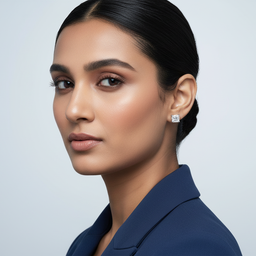 Woman wearing a blue blazer with925 Sterling Silver Sparkle Studs