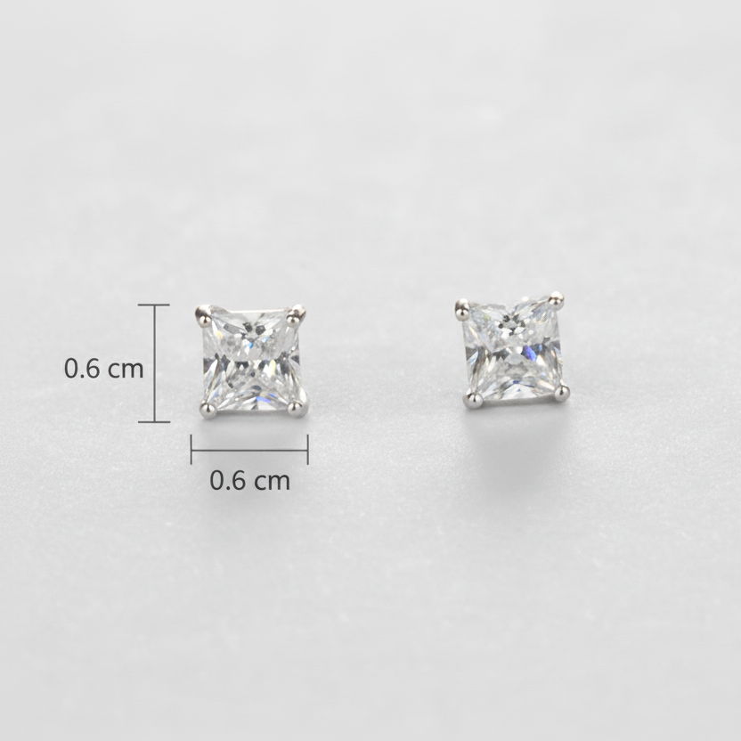 Pair of square-cut stud earrings with size measurement 