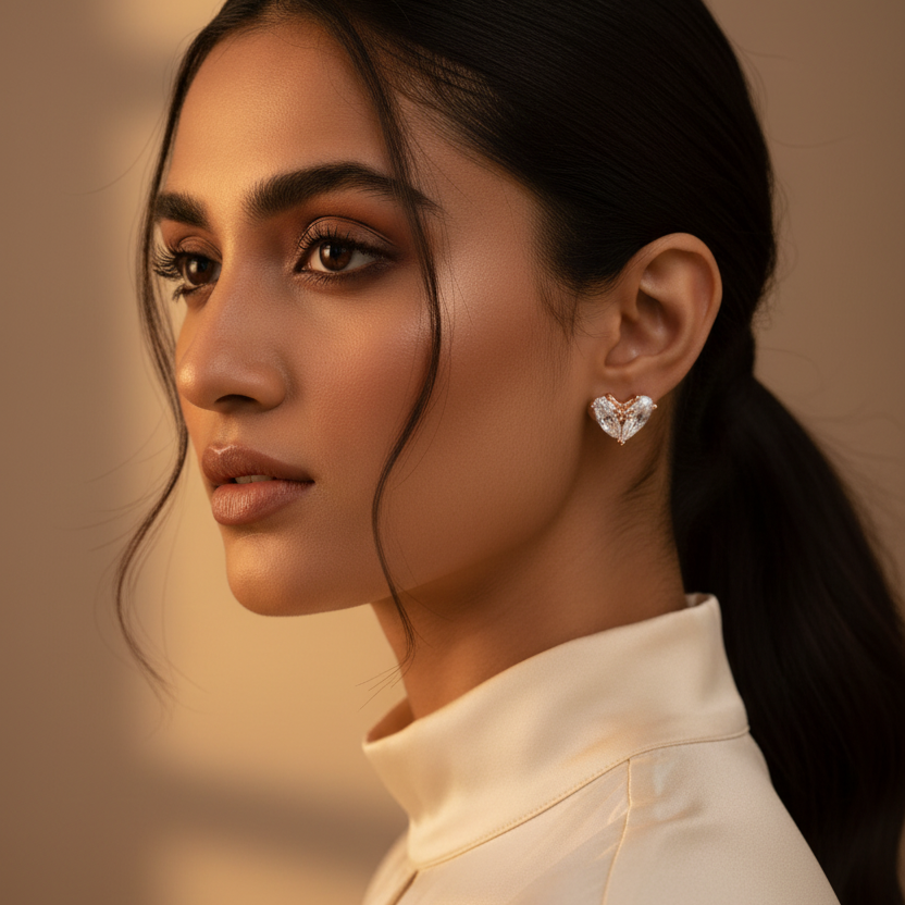 Close-up of a woman wearing heart-shaped earrings with a neutral background