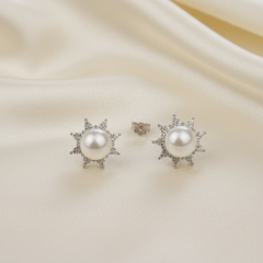 925 Sterling Silver Floral Pearl Studs