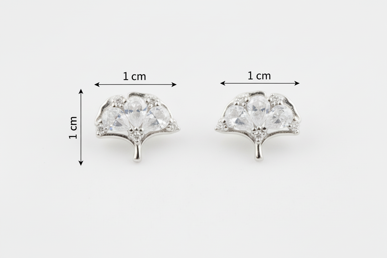 Pair of silver earrings with AAA+ Cubic Zircons, shown with measurements on a white background.