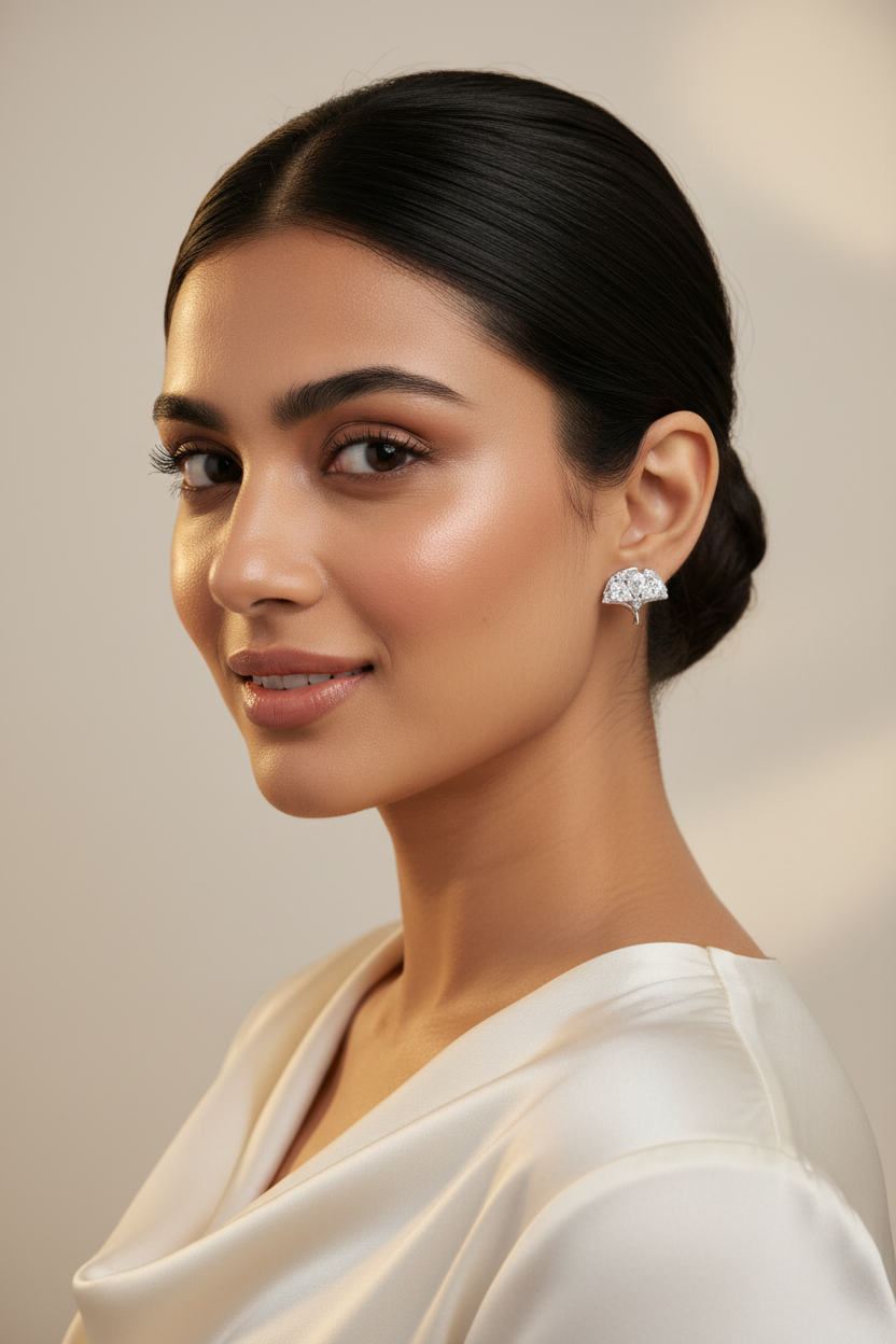 Woman wearing 925 Sterling Silver Bloom Studs