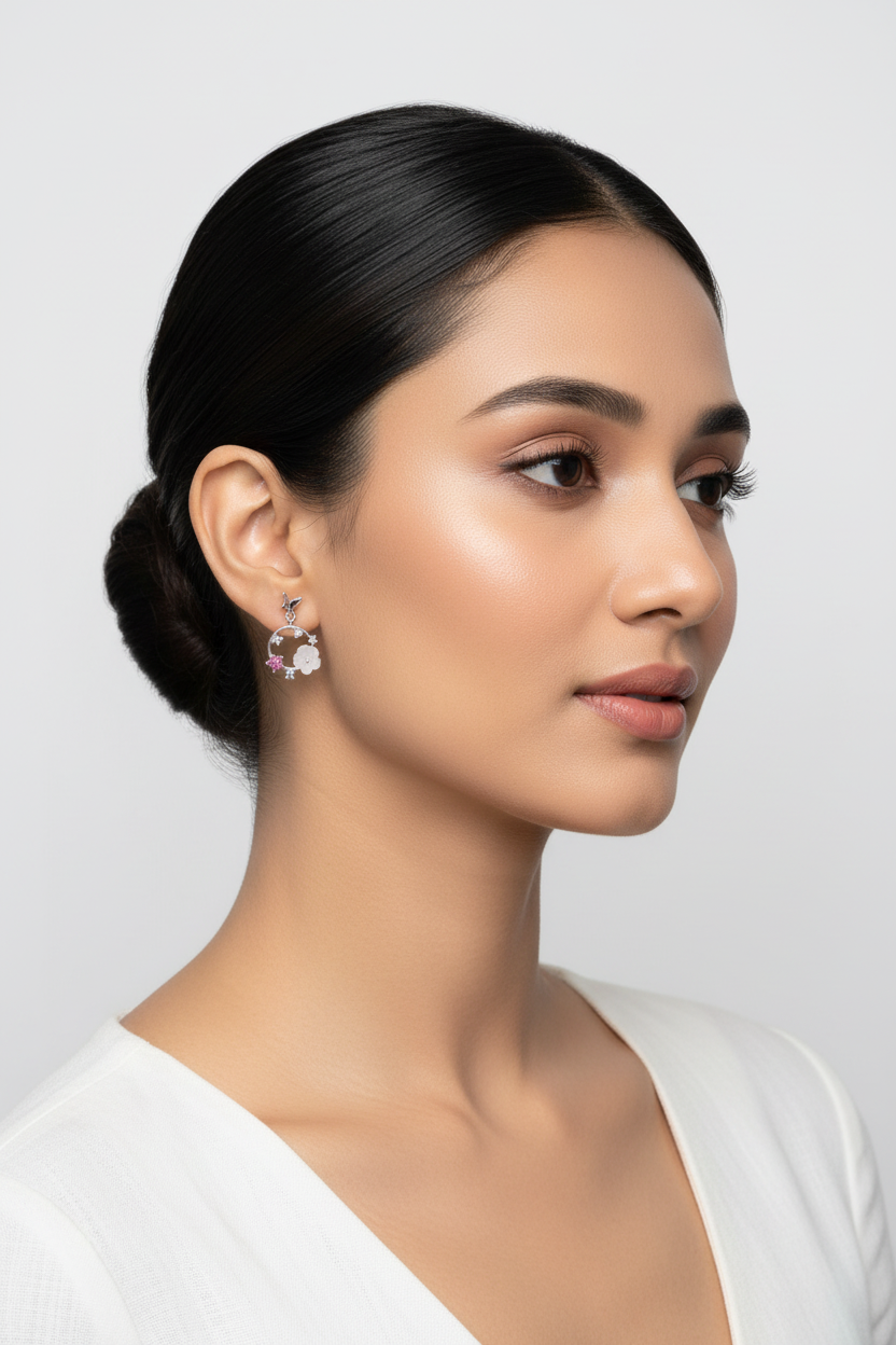 Woman with styled hair and 925 Sterling Silver Floral Bloom Pink Earrings