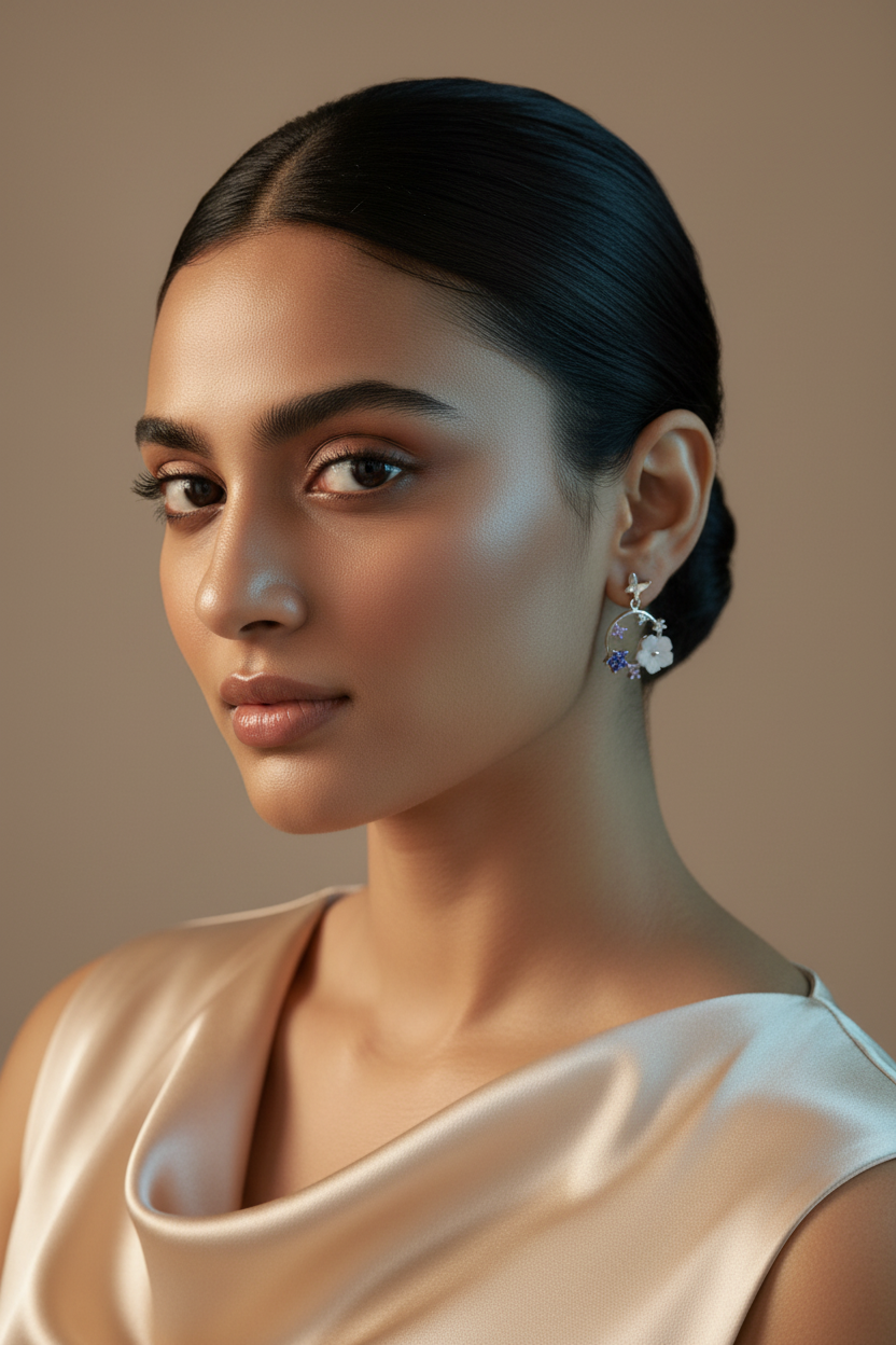 Woman wearing 925 Sterling Silver Floral Bloom Blue Earrings