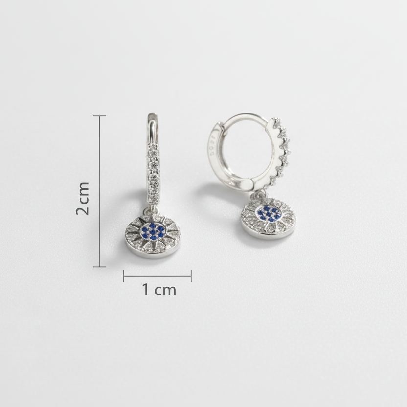 Two silver earrings with gemstones on a white background, accompanied by measurements.
