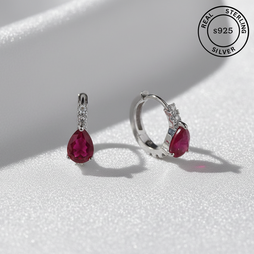 925 Sterling Silver Ruby Red Silver Hoops
